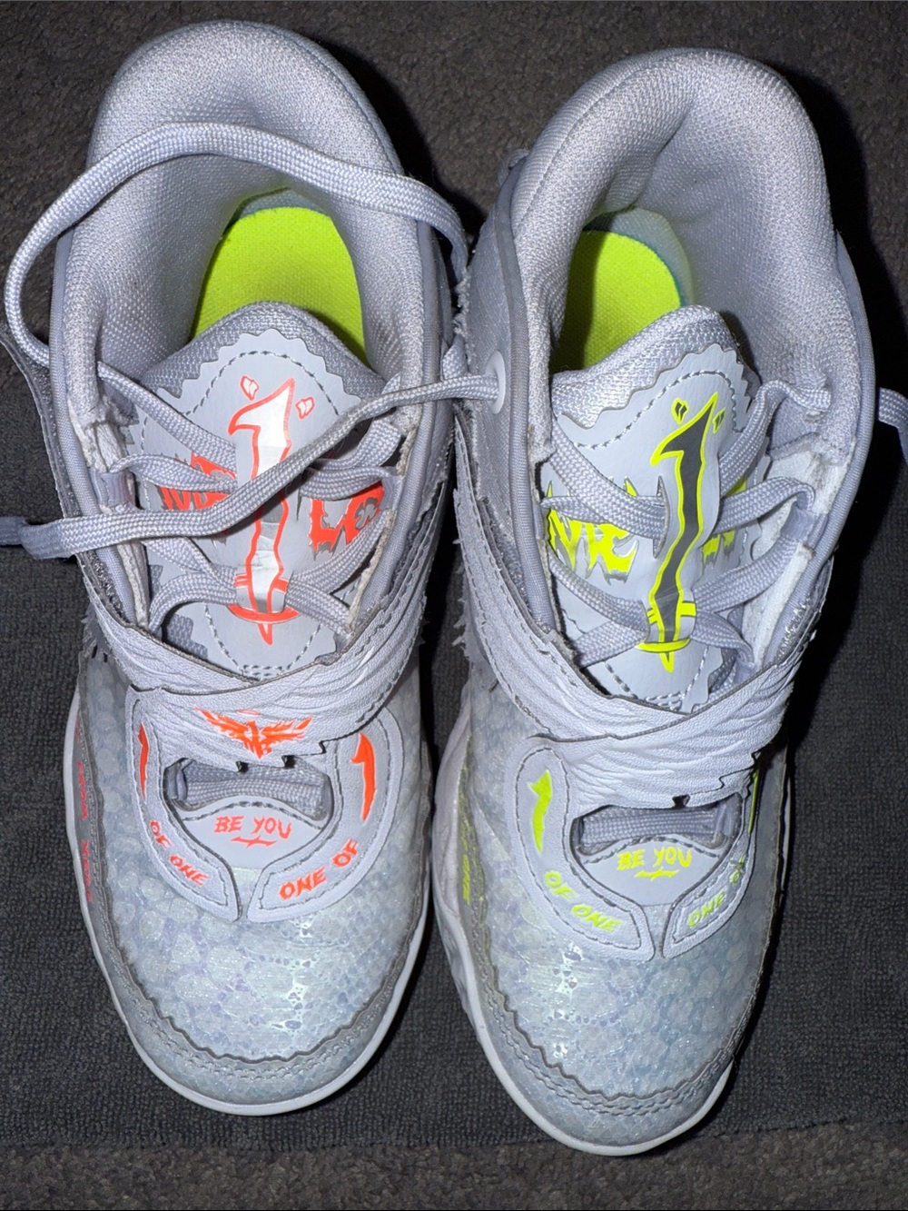Melo Kids Light Gray Sneakers with Neon Accents - Left Orange Right Yellow